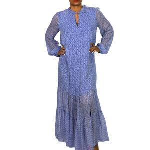Intermix Priscilla Silk Midi Dress Blue Sheer Ruffle Neck Tiered Floral Loose 10